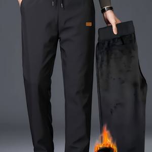 TEMU 남성용 가을 겨울 방풍 솔리드 컬러 안감 따뜻한 캐주얼 팬츠, 탄력 있는 허리밴드, 폴리에스터 소재, 하이킹, 사이클링, 골프 활동에 적합, 블랙, 그레이, 블루|냉장고바지|남자바지|바지