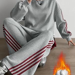 TEMU 2피스 컬러 블록 후드 스웨트셔츠 세트, 패션 스트리트 스타일 여성 스웨어 2피스 캐주얼 아웃핏, 여성용 편안한 투피스 세트, 여성용 코지 캐주얼 웨어 2피스 세트