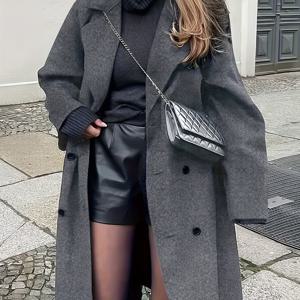 TEMU 여성용 가을 겨울 솔리드 컬러 더블 브레스트 롱 코트