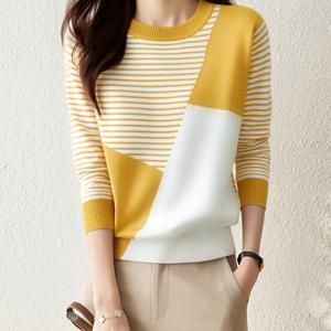 TEMU 여성용 우아한 컬러 블록 긴팔 탑 - 옐로우 & 가로 , 라운드넥 캐주얼 시크 스웨터, 올 시즌 레이어링 필수템, 다용도 , 클래식 니트웨어, 중간 신축성 원단, 스타일리시 블라우스, 패션 애호가|여성블라우스