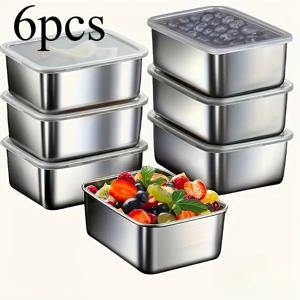 TEMU 뚜껑이 있는 스테인리스 스틸 식품 트레이 6개 세트. 주방에서 음식을 보관하고 공간을 절약하기 위해 쌓을 수 있어 이상적입니다. 내구성이 뛰어난 스테인리스 스틸로 제작되었으며 바베큐, 매운 핫팟, 핫팟 재료 및 과일에 적합합니다.