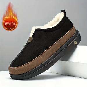 TEMU 남성용 따뜻한 안감 편안한 홈 스티칭 공예 플러시 안감 두꺼운 상단 솔리드 컬러 스플라이싱 심플 라운드 토 미드 캐프 소크리스 플랫 힐 유럽 및 미국 스타일 캐주얼 로퍼, 홈 레저 및 야외 여행에 적합, 남성을 위한 독특한 겨울 선물|단화