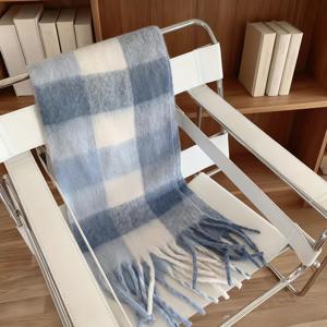 TEMU 1개 ' & 화이트 체크 겨울 스카프 - 부드럽고 따뜻한 방풍 비신축 칼라 태슬 트림, 우아한 블루 앤 화이트 깅엄 가을 아웃핏, 여행 및 날씨에 적합한 여성용