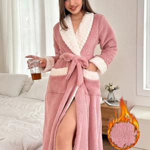 TEMU 새로운 가을/겨울 플러시 컬러 블로킹 캐주얼 귀여운 목욕 가운 라운지웨어 홈 로브