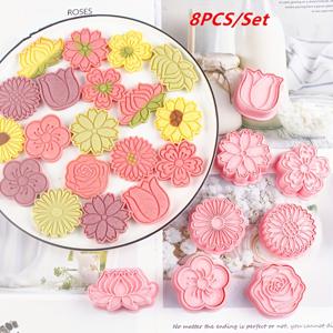 TEMU 8pcs 꽃 쿠키 커터 세트 - 폴리머 클레이 커터 세트, 플라스틱 베이커 커터, 비스킷 몰드, 베이킹 도구, 주방 액세서리