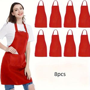 TEMU 8개 중성 아프런 세트 - 튼튼한 단색 폴리에스터, 목 조절 가능, 대형 포켓 2개, 요리, 그릴, 바베큐에 적합, 크리스마스 공예, 세탁기 사용 가능