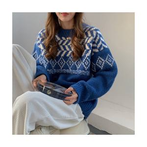 여자 노르딕 니트 겨울 루즈핏 체크 패턴 스웨터
