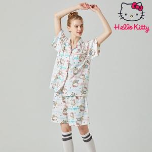 [헬로키티]산리오 정품 헬로키티 프리미엄 부드러운 면 홈웨어 잠옷 반소매 카라넥 페어 상하세트 HK-4504