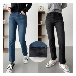 2종 세트 여성용 융털 기모 스판 슬림 일자 데님 팬츠/ 빅사이즈