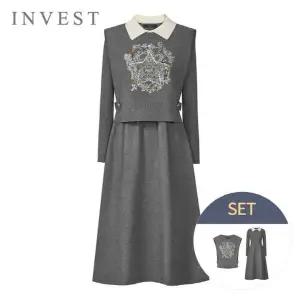 [인베스트]컬러풀 자수 니트 조끼+카라 배색 원피스 세트_INI5W1OP3191