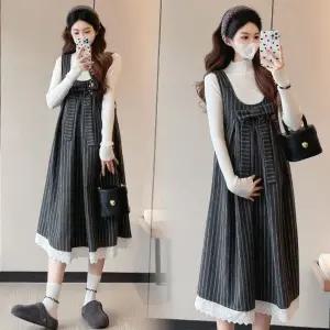 세군다 여자 민소매 원피스 하객 가을 겨울 도톰한 스트라이프 레이스 나시 스커트+화이트 니트 힛템