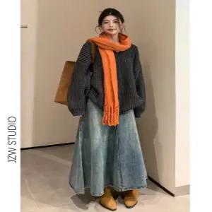 겨울 청치마 기모 빅사이즈 롱스커트 밴딩 데님 긴청치마