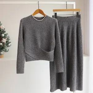 [잇수다] 밈로지 꼬임 랩 라운드 골지 니트 + 밴딩 롱 스커트 투피스 세트