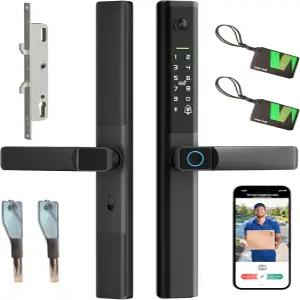 핸들 키리스 엔트리 슬라이딩 도어 잠금 장치가 있는 유리 스마트 장치 이미지 초인종 지문 코드 RFID 카드