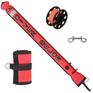 JUSTOP 5피트 표면 마커 부표 세트, 반사 스트립이 있는 풍선 스쿠버 신호 튜브, 100피트 다이빙 스풀 릴 및 클립이 수중 스노클링용 오픈 바텀 플로트(SMB)