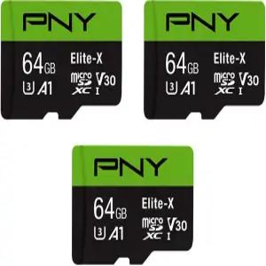 PNY 64GB 엘리트-X 클래스 10 U3 V30 microSDXC 플래시 메모리 카드 3 카운트(1팩) - 100MB /s A1 4K UHD