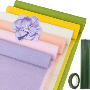 RAINFLOW 8 PCS 크레페 종이 플라워 키트 - 플로럴 테이프와 와이어가 포함된 롤 6개 스트리머가 꽃 만들기