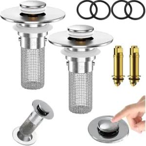 욕실 싱크대 스토퍼 스트레이너 탈착식 스테인리스 스틸 헤어 캐처 바구니가 있는 2PCS 팝업 배수 미국