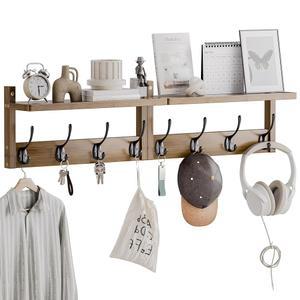 STELLSTAR 선반 벽 마운트가 있는 코트 랙, 입구 대나무 걸이 선반, 2개 세트, 복도 장식용 후크 레일, 보관 옷, 모자, 가운, 열쇠, 강아지 목줄 (월넛)