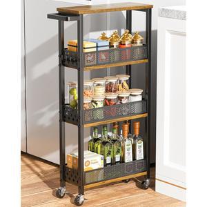 주방 욕실 정리함을 위한 Giwil 4단 슬림 수납 카트 팬트리 세탁소 작은 공간을 바퀴에 나무 선반이 있는