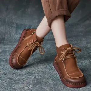 여성패션 플랫워커 추동 핸드메이드 라운드 소가죽 통굽 워커 옆지퍼 앵클부츠 단화 DL4