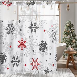 MEHOFOND 노 훅 겨울 눈송이 샤워 커튼 후크리스 크리스마스 샤워 커튼 레드 및 그레이 크리스마스 새해 휴가 욕실 욕조 장식 스냅 인 라이너 방수 폴리에스터 원단 71X74인치
