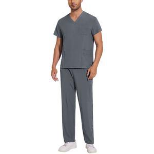 남성용 스크럽 세트 2025 봄 여름 유니폼 신축성 있는 브이넥 탑 & 멀티 포켓 카고 팬츠