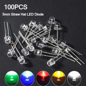 100개 5MM 밀짚모자 LED 다이오드 F5 초고휘도 램프 발광 키트 파란색 녹색 빨간색 노란색 흰색 DIY 전자