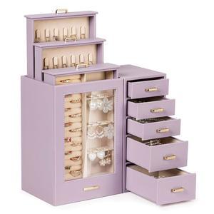 홈드 대형 주얼리 박스 / 정리함 유리 창문이 있는 케이스, 목걸이용 서랍 귀걸이 반지 팔찌 시계 여자아이 선물