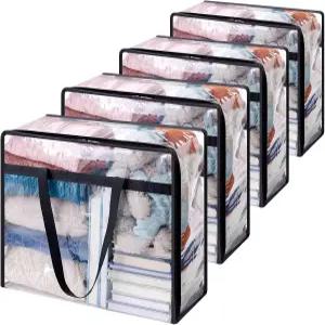 Lifewit 4팩 투명 의류 보관 가방 40L 플라스틱 담요 지퍼가 달린 비닐 접이식 이동 옷장 정리함 및 침구