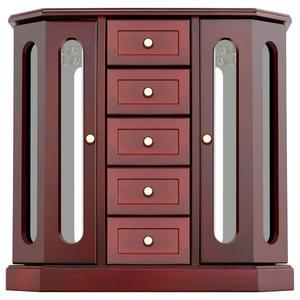 RR 라운드 리치 디자인 주얼리 박스 - 단단한 나무로 제작되었으며, 캐비닛 타입 5 서랍 정리함과 2개의 분리된 개방형 문이 양쪽에 있고 큰 거울 브라운이 있습니다