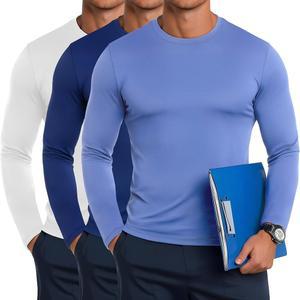 로쿠와이 3팩 남성 빅 앤 톨 롱 슬리브 언더스럽 탑 크루넥 베이스 레이어 언더셔츠 슬림 핏 티셔츠 베이직