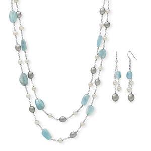 벨라쿠아 내추럴 아쿠아마린 또는 로즈 쿼츠 배양 담수 진주 레이어드 스테이션 목걸이 스털링 실버, 멀티 스트랜드 18인치 롤로 체인, 여성용 리얼 주얼리, 기프트 박스 포함