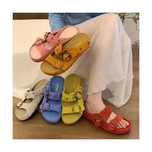 여자 스트랩 샌들 슈즈 통굽 레드 리얼 버킨 슬리퍼 여름용 BE5