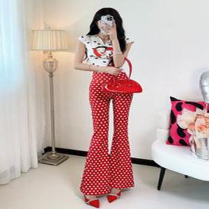 도트 물방울 무늬 부츠컷 나팔 바지 댄스복 라인 라틴 스포츠댄스 체조 행사 무대 공연복