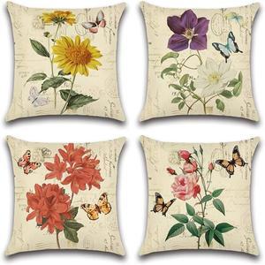 리넨 사각 베개 커버  꽃 나비 패턴 장식 쿠션 농장 케이스  50x50