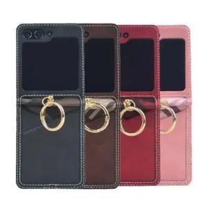 갤럭시Z플립5 4 3 체크 슬래시 카드수납 골드링 가죽