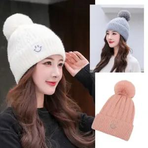 스마일모자 여성 방한 골지 패션 비니 털모자 니트방울모자 겨울 캐주얼 안감퍼 겨울니트모자 포근