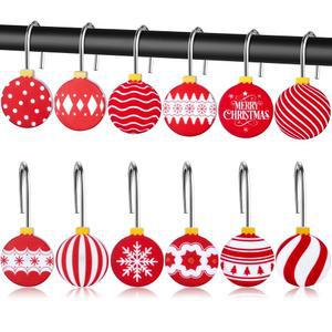MALLALL6 크리스마스 샤워 커튼 후크 - 12Pcs 볼 레드 화이트 장식 행거 메탈 방청 욕실 겨울 홀리데이 펜던트 액세서리, 트리 스노우플레이크 스테인리스 링 포함