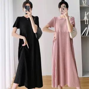 루즈한 긴팔니트 플리츠원피스 하객 배색 페미닌 롱원피스