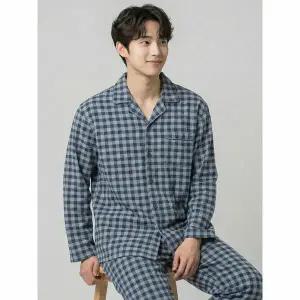 [하프클럽/바풀]바풀 SN 180053 남성 기모 수면잠옷 파자마세트 카라 보온잠옷 상하 중간체크블루