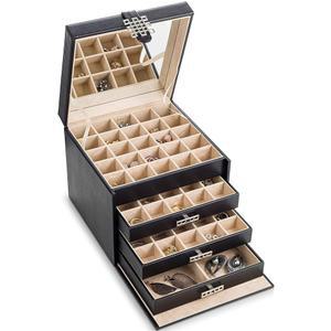 글레너 공동 귀걸이 정리함 홀더 - 서랍 및 모던 클로저가 있는 75개의 작은 4개의 큰 슬롯 클래식 주얼리 박스, 거울, 트레이 귀걸이, 반지 또는 체인 보관 PU 가죽 케이스 블랙