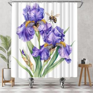 세투렛 퍼플 플라워 샤워 커튼 - 욕실용 모던 및 벌 후크가 달린 방수 패브릭, 72X72인치