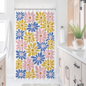 SHIYUE 컬러 플라워 샤워 커튼, 귀여운 보호 플로럴 욕실 장식, 180GSM 헤비 듀티 방수 세척 가능한 패브릭, 12 후크 36x72 인치