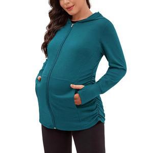 DEBELY 임산부 스웨트셔츠 긴팔 풀 집 후디 캐주얼 재킷 상의 포켓, 썸 홀, 사이드 러치