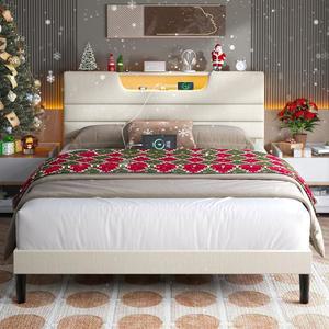 충전소와 LED 조명이 있는 OURPIC 퀸 침대 프레임, 헤드보드가 업홀스터드 프레임 사이즈, 박스 스프링이 필요 없는 우드 간편한 조립, 베이지