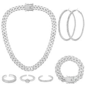 NEWITIN 7피스 실버 주얼리 세트 여성용 다인 큐빅 지르코니아 큐반 링크 체인 목걸이 팔찌 반지 반짝이는 크리스탈 귀걸이 여성 남성용