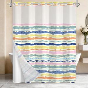 반투명 상단 창문이 있는 후크 웨이브 스트라이프 샤워 커튼, 커튼 라이너 세척 가능한 패브릭 천 욕실 및 호텔용 퀵 드라이 보호 욕조 71x74 인치