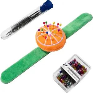 오렌지색 손목형 핀쿠션 (재봉용) 핀과 바늘 정리용 스냅팔찌형 손목 밴드 진주 머리핀 80개와 재봉 18개