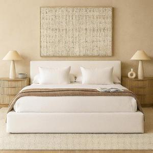 클라우드 침대 워셔블 언지퍼블 업홀스터드 - RH- 사각 프레임 화이트 린넨, 베이지, 타우페, 블랙, 그레이, 브라운, 크림 부클 9인치 킹-퀸 (화이트 퀸 헤드보드)